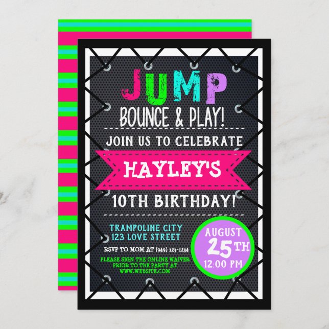 Trampoline Park Bounce Party Neon Colours Summer Invitation (Front/Back)