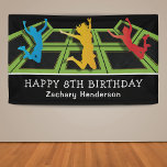 Trampoline Park Kids Birthday Party Banner<br><div class="desc">Kids birthday party banner featuring a plain black backdrop,  trampoline courts,  kids jumping and flying through the air,  and a happy birthday template that is easy to customise.</div>