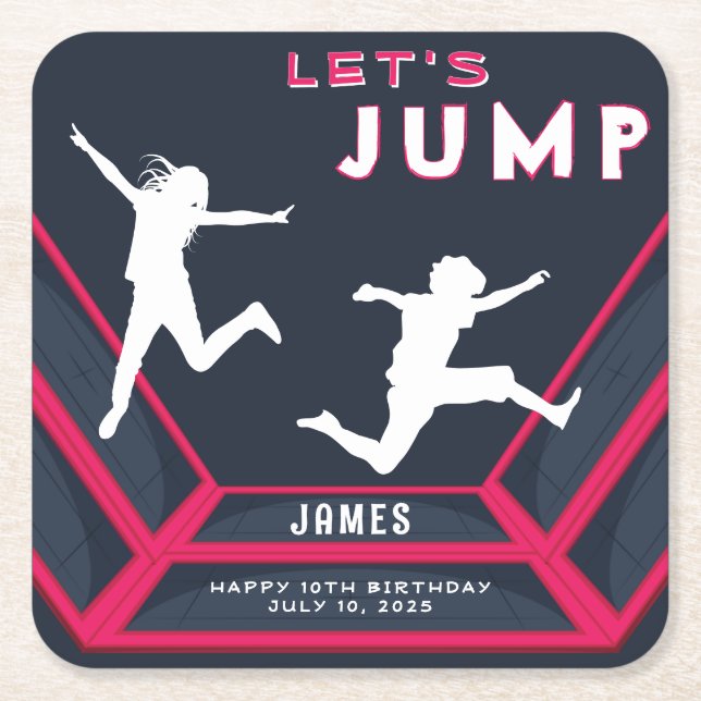 Trampoline Park Let's Jump Red Birthday Party Square Paper Coaster (Front)