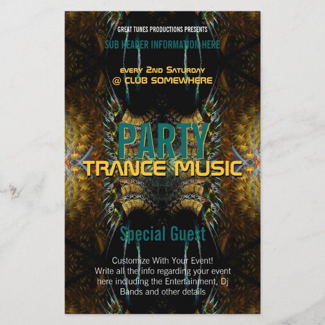 Trance Fractal Gold Feathers Party Flyer (Front)