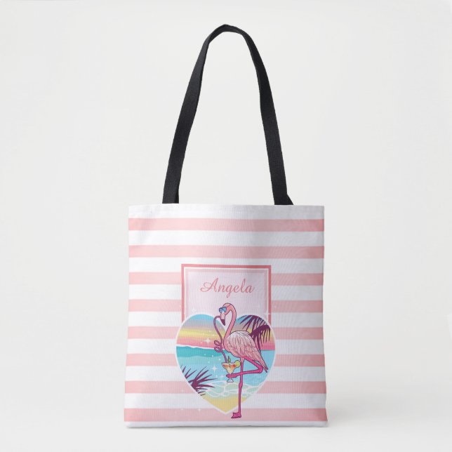 Trandy Striped, Flamingo, Cocktail  -Personalised Tote Bag (Front)