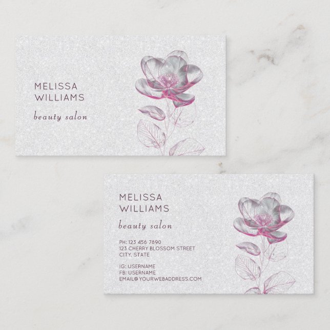 Tranparent Pink Shiny Metallic Flower Business Card (Front/Back)