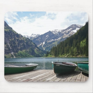 Tranquil Alpine Lake and Boats Photograph Mouse Pad