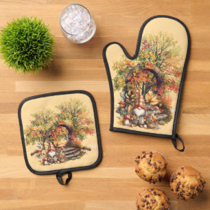 Tranquil Autumn Garden with Gnome Oven Mitt & Pot Holder Set