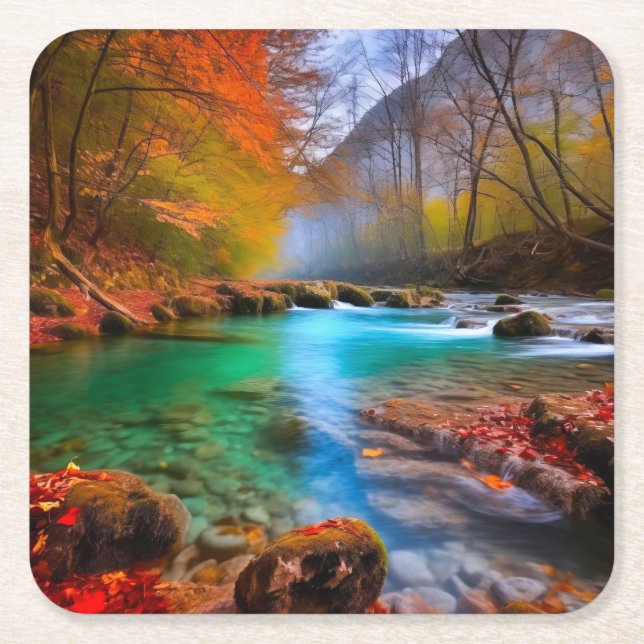 Tranquil Autumn River Landscape  Square Paper Coaster (Front)