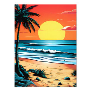 Tranquil Beach Escape: Sunset with Palm Tree Photo Print