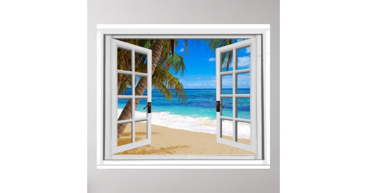 Fake Window Ocean View Tranquil Beach Ocean Fake Window View Poster | Zazzle