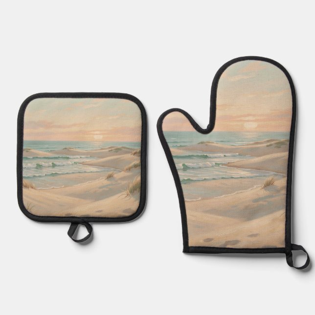 Tranquil Beach Sunset Dunes Ocean Waves Coastal  Oven Mitt & Pot Holder Set (Front)