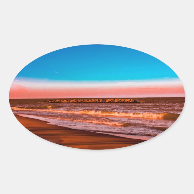 Tranquil Beach & Wave  – Summer Coastal Vibes Oval Sticker (Front)