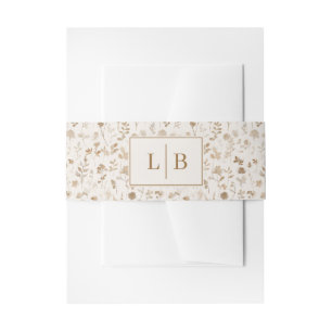 Tranquil Beige Vintage Floral Initials Invitation Belly Band