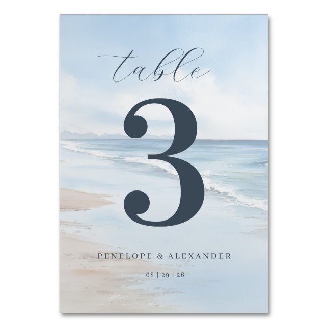 Tranquil Blue Beach Waves Table Number (Front)