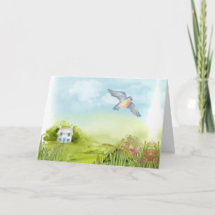 Tranquil blue bird and little house Scenery Holiday Card