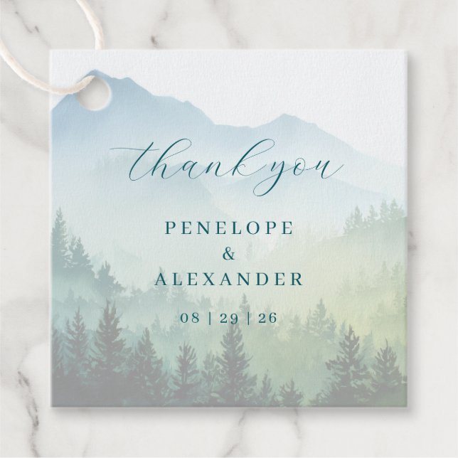 Tranquil Blue Green Mountain Landscape Favour Tags (Front)
