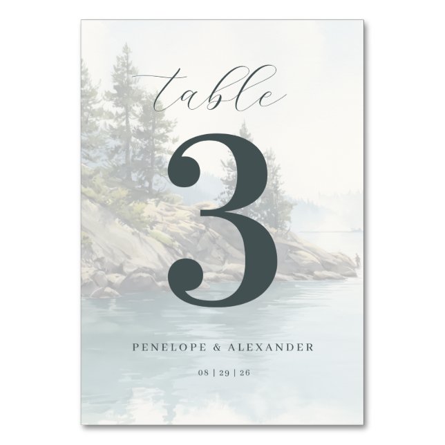 Tranquil Blue Lakeside Scene Table Number (Front)
