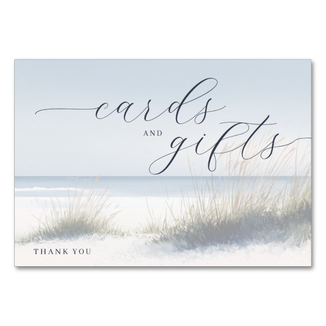 Tranquil Blue Minimalist Beach Waves Table Number (Front)