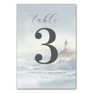 Tranquil Blue Watercolor Lighthouse Table Number