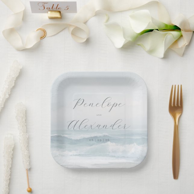 Tranquil Blue Watercolor Waves Paper Plate (Wedding)