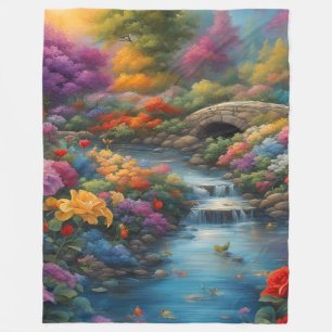 “Tranquil Brook and Stone Bridge" Fleece Blanket