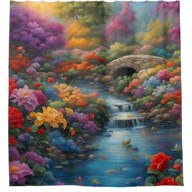 “Tranquil Brook and Stone Bridge" Shower Curtain (Front)