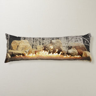 Tranquil Burning Yule Log in a Snowy Forest Body Cushion