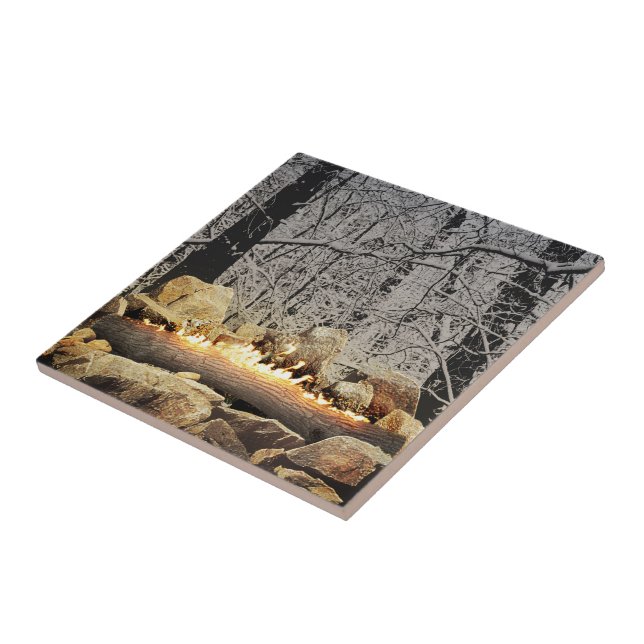 Tranquil Burning Yule Log in a Snowy Forest Ceramic Tile (Side)