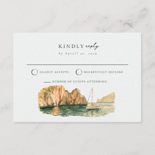 Tranquil Capri Sailboat Italy Wedding RSVP Card (Front)