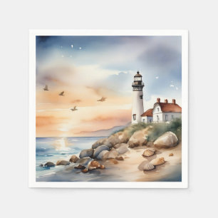 Tranquil Coastal Landscape Watercolor Lighthouse Napkin