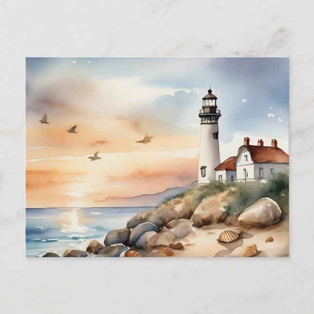Tranquil Coastal Landscape Watercolor Lighthouse Postcard (Front)
