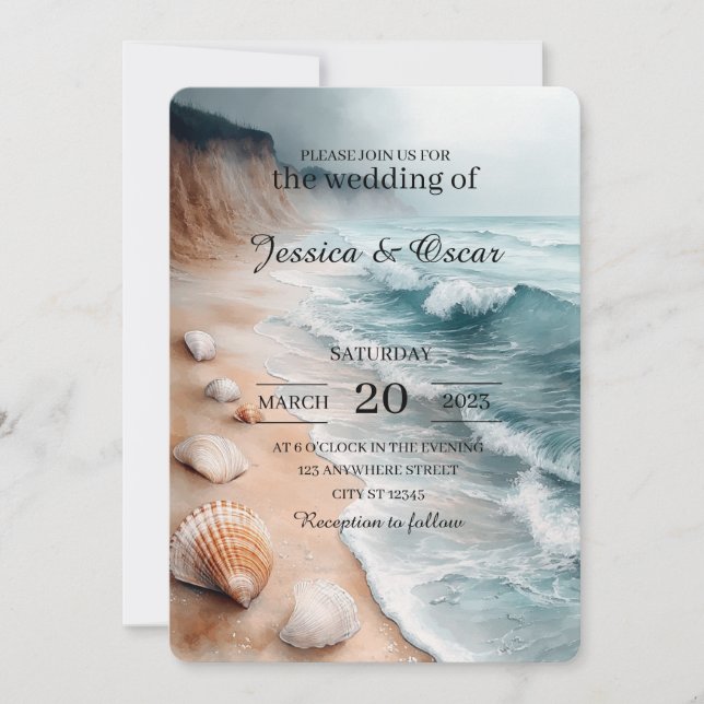 Tranquil Coastal Shoreline Background Wedding Invitation (Front)