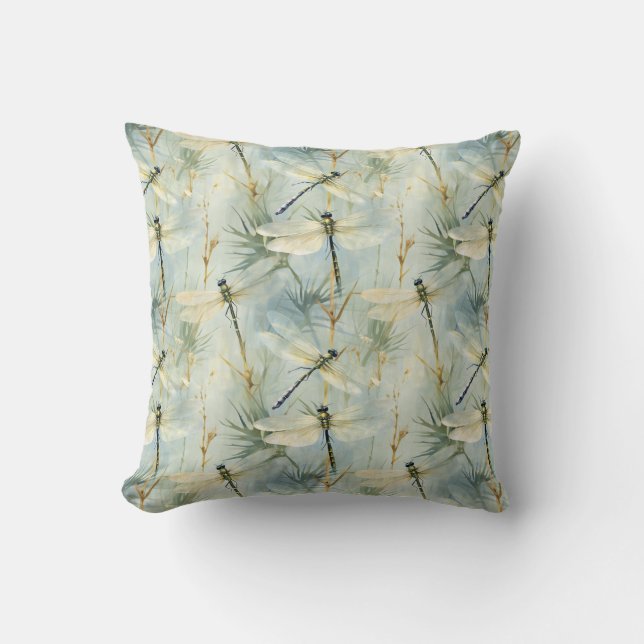 Tranquil Dragonfly Watercolour-style Cushion (Front)