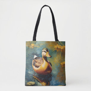 Tranquil Duck On A Pond Artistic Painting Tote Bag