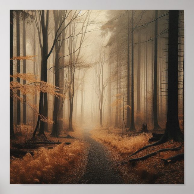 Tranquil Foggy Trail Through Golden Autumn Poster (Front)
