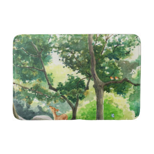 Tranquil Forest Deer Watercolor Art Bath Mat