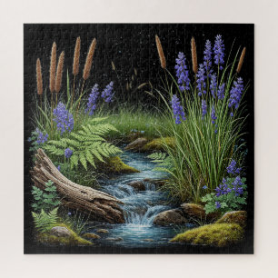 Tranquil Forest Stream Scene With Lavender Jigsaw Puzzle
