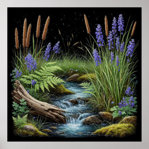 Tranquil Forest Stream Scene With Lavender Poster