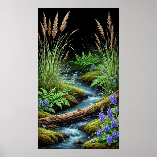 🌿 Tranquil Forest Stream with Wildflowers 💜✨ Poster (Front)