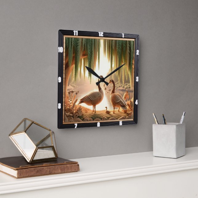 Tranquil Geese Woodland  Square Wall Clock (Office)