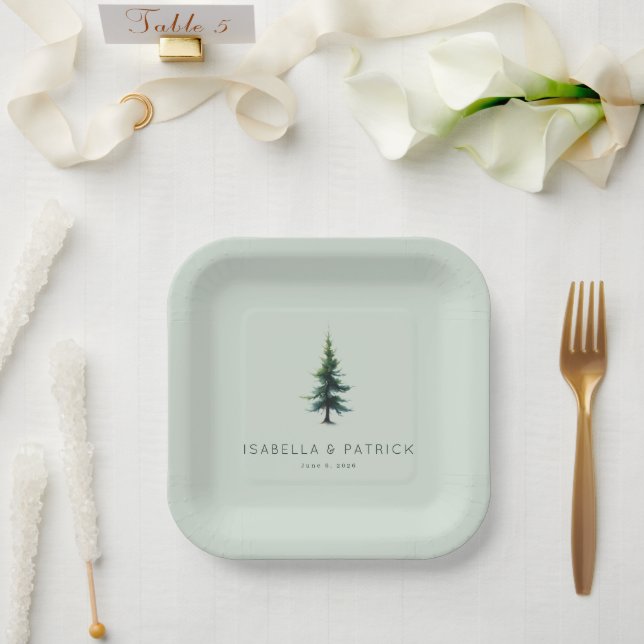 Tranquil Green Evergreen Tree Paper Plate (Wedding)