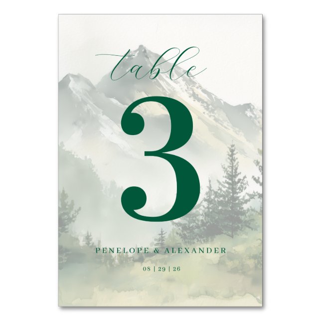 Tranquil Green Mountain Watercolor Table Number (Front)