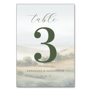 Tranquil Green Watercolor Landscape Table Number