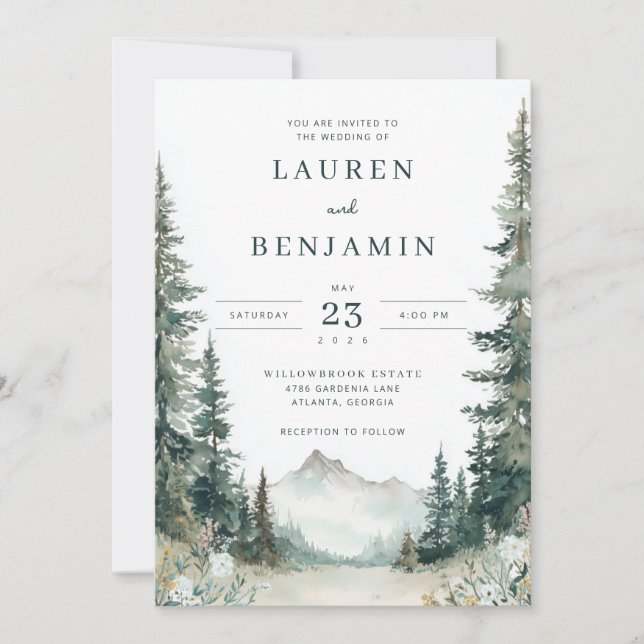 Tranquil Green Watercolor Mountain Trees Invitation (Front)