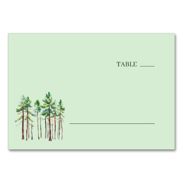 Tranquil Green Watercolor Pine Trees Table Number (Front)