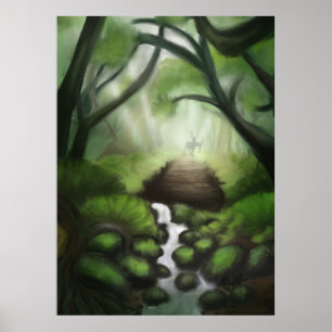 Tranquil Haven: Forest Lake with Distant Deer Silh Poster