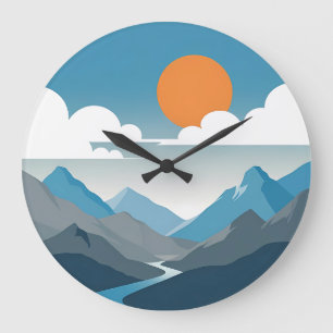 Tranquil Horizon   Minimal Mountain Landscape Art Large Clock