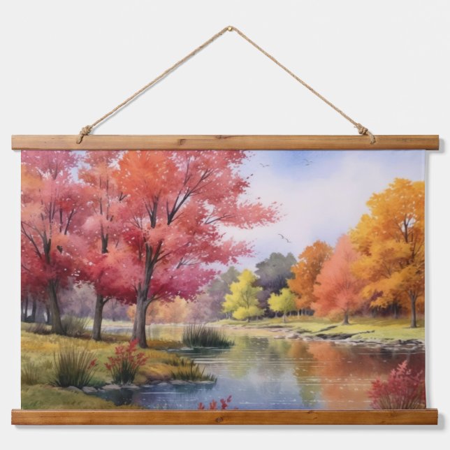 Tranquil Japanese Autumn Pond Hanging Tapestry (Front)