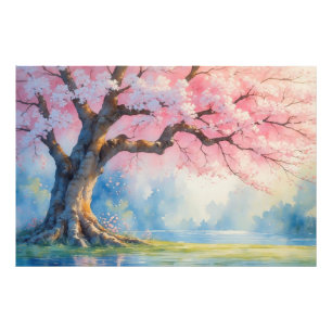 Tranquil Japanese Cherry Blossom Watercolor Landsc Photo Print
