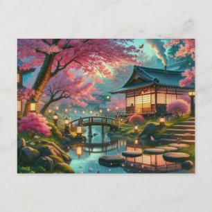 Tranquil Japanese Garden in Spring Painting Postcard