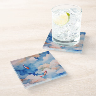 Tranquil Japanese Koi in the Clouds Glass Coaster