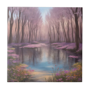 Tranquil Lake Scene With Watercolor Wildflowers Ceramic Tile