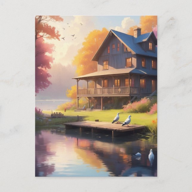 tranquil lakeside | charming wooden house  postcard (Front)